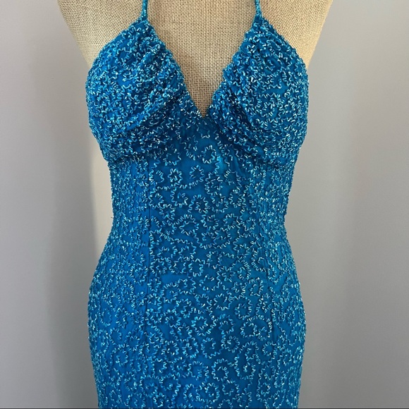 Scala Turquoise Blue Beaded Halter Neck Double Split Formal Gown - Picture 2 of 16